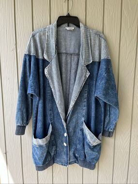 VTG 80s Denim Jacket M Railroad Stripe Oversized Slouchy Acid Wash USA